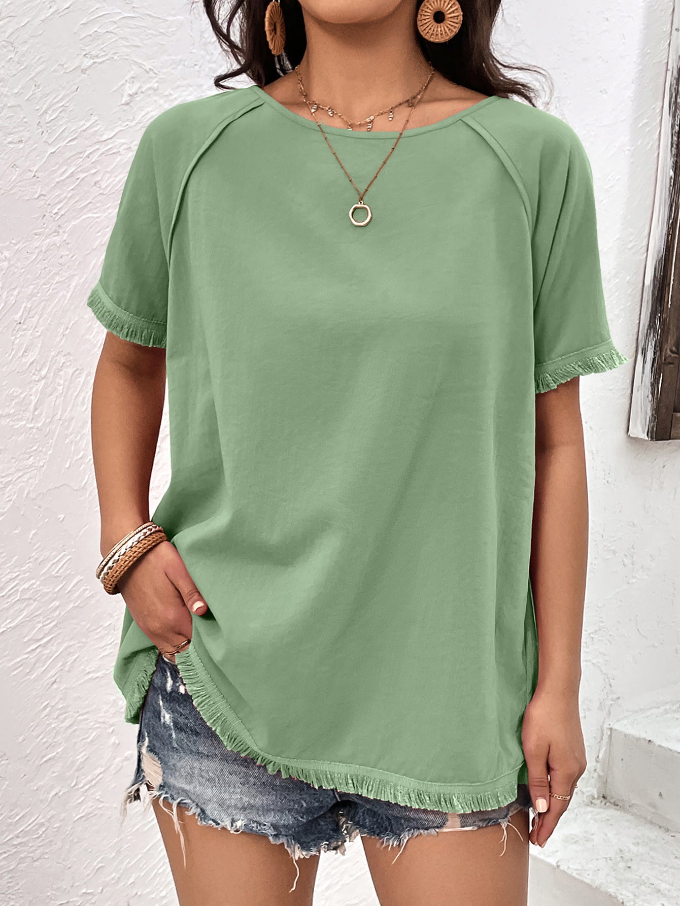 round neck raglan sleeve fringe detail top