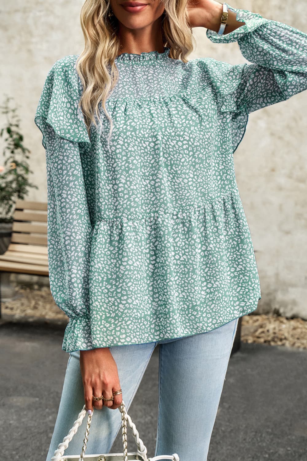 printed round neck flounce sleeve blouse