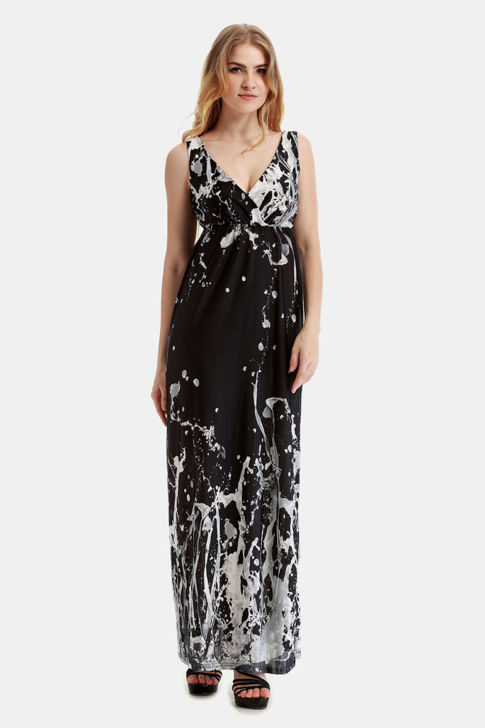 printed surplice neck sleeveless maxi dress