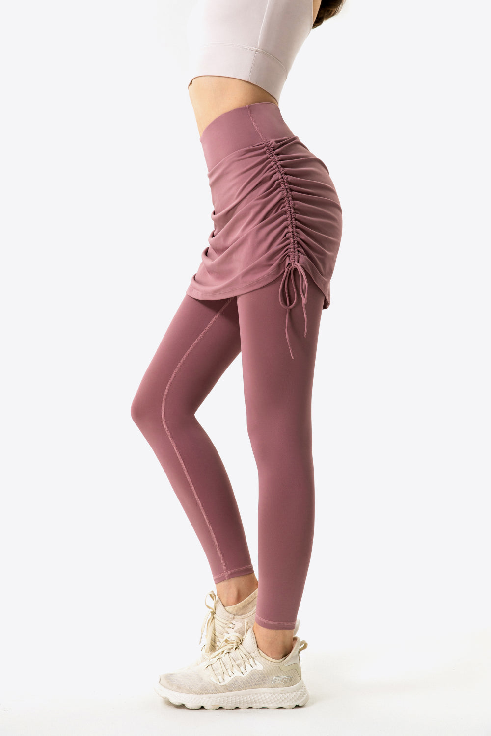 drawstring ruched faux layered yoga leggings