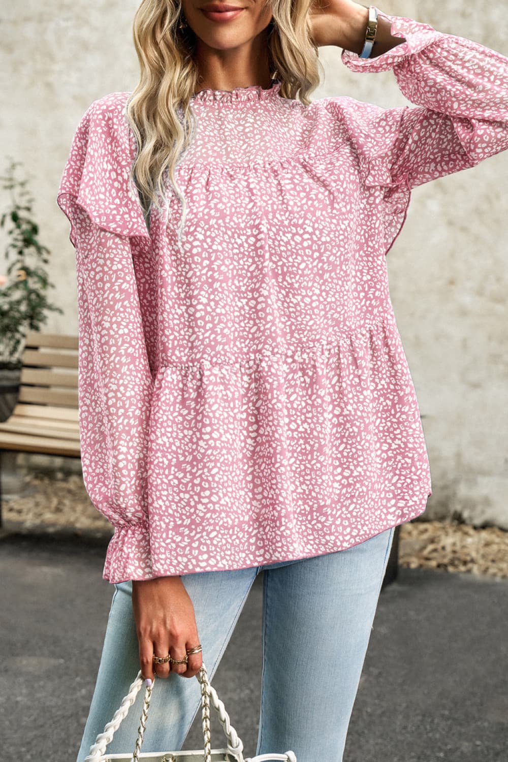 printed round neck flounce sleeve blouse