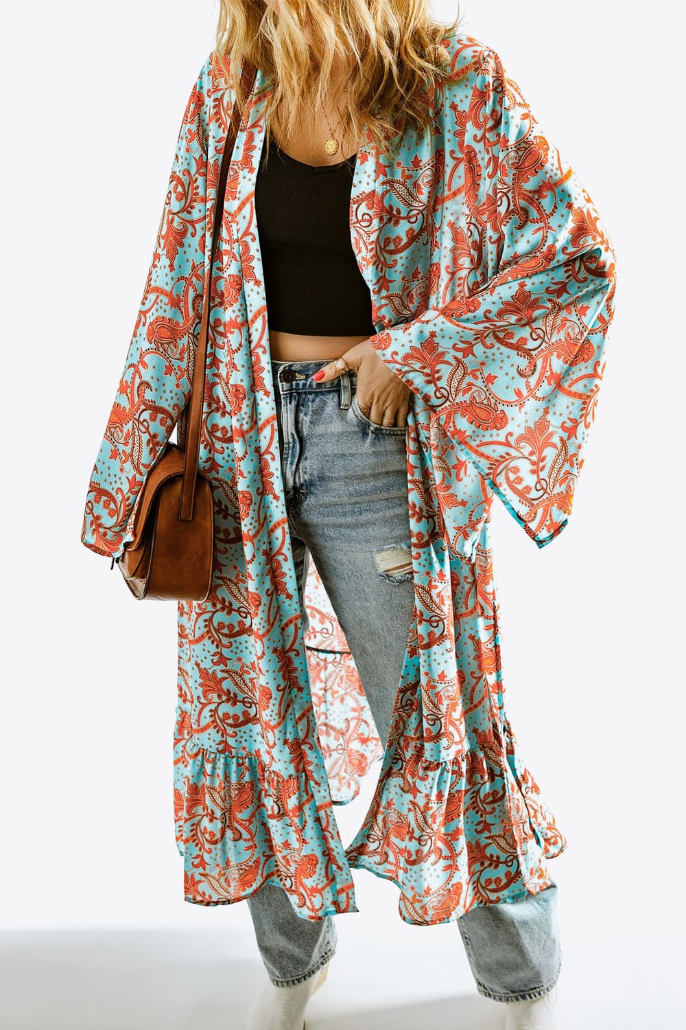 printed open front duster cardigan