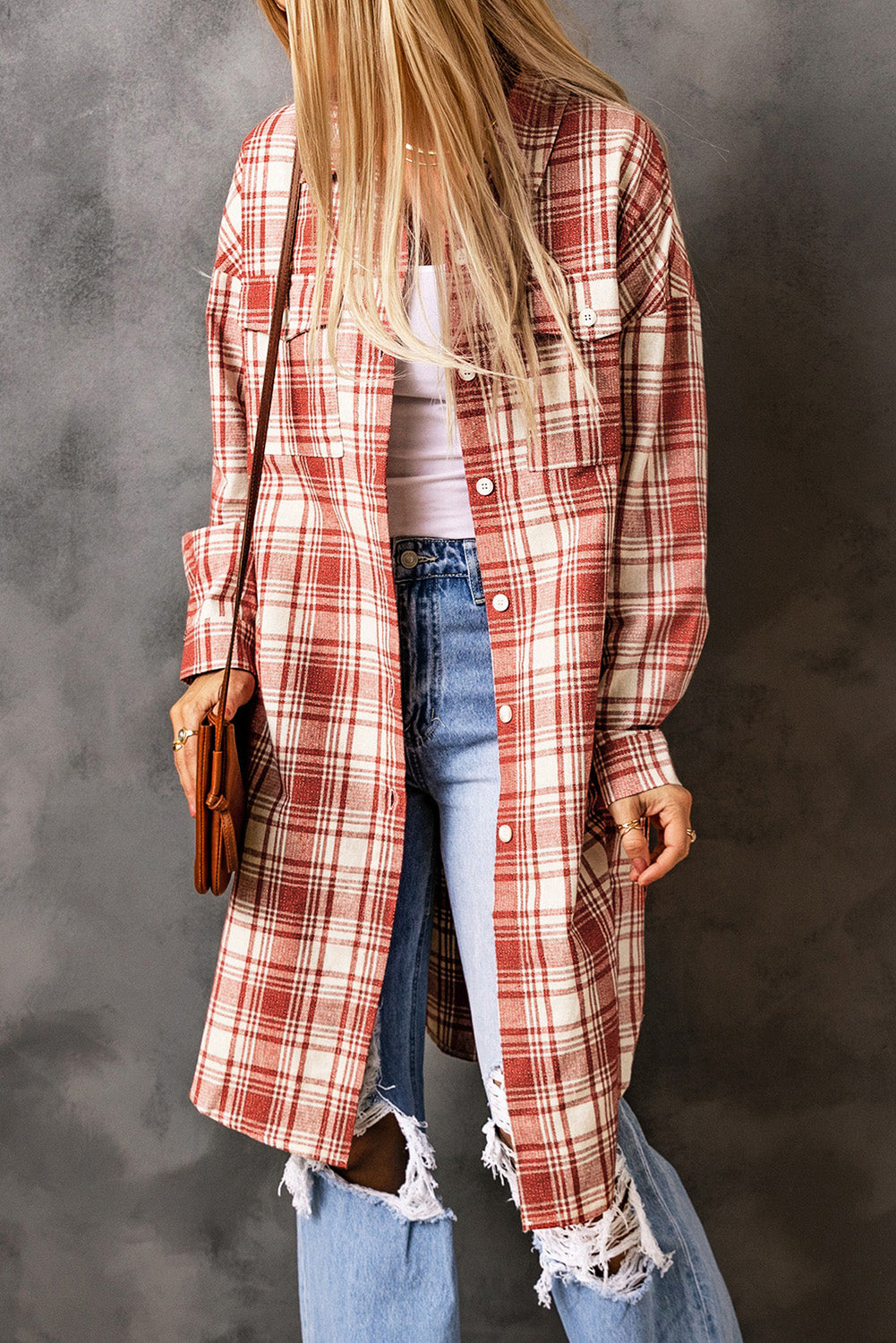 double take plaid button-up longline shacket with breast pockets