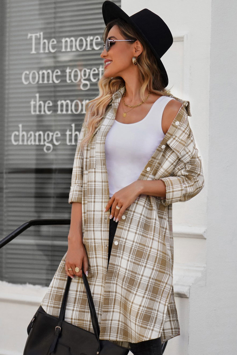 double take plaid button-up longline shacket with breast pockets