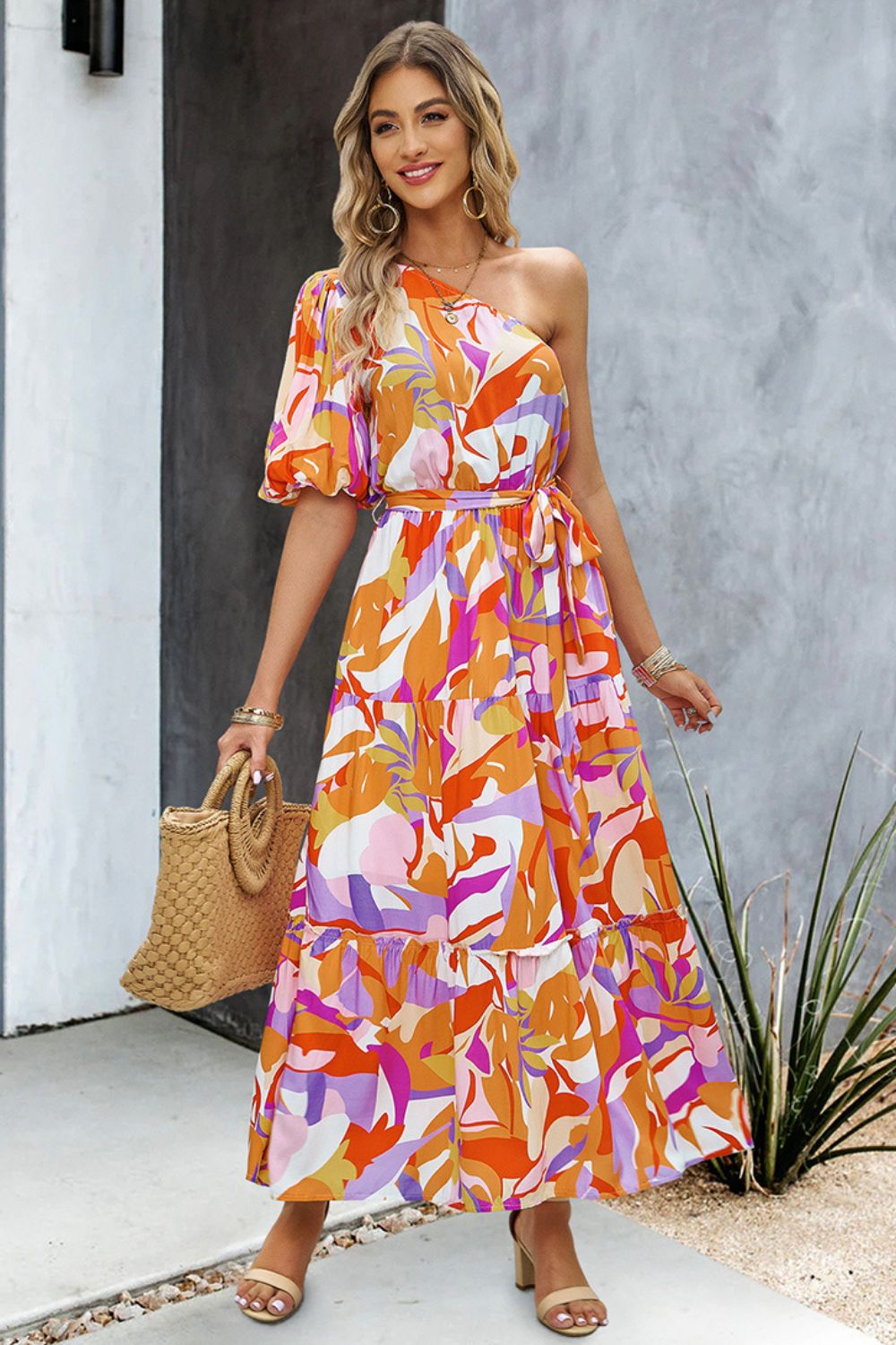 printed one-shoulder tie belt maxi dress