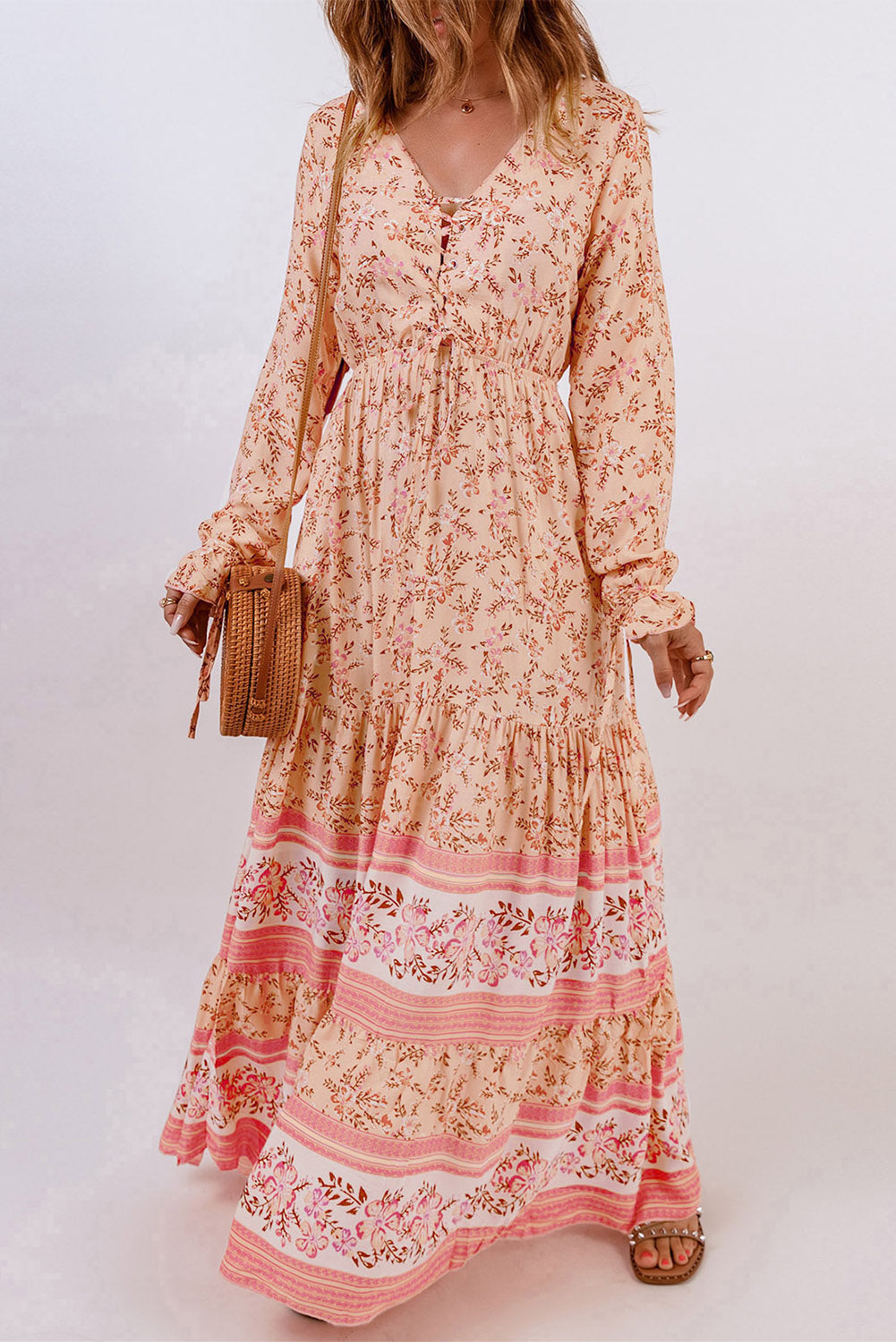 bohemian lace-up long sleeve maxi dress