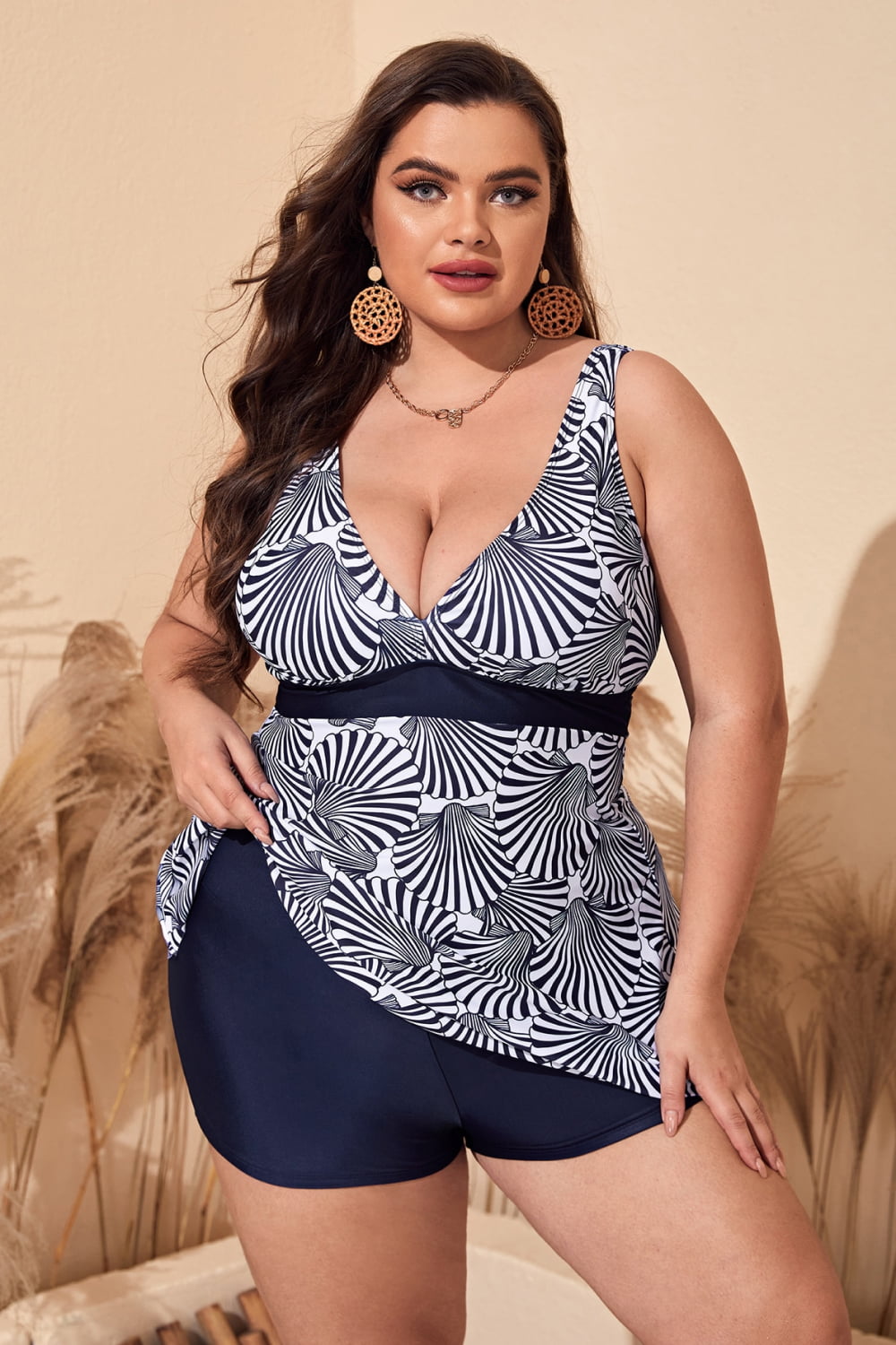 plus size printed sleeveless top and shorts swim set