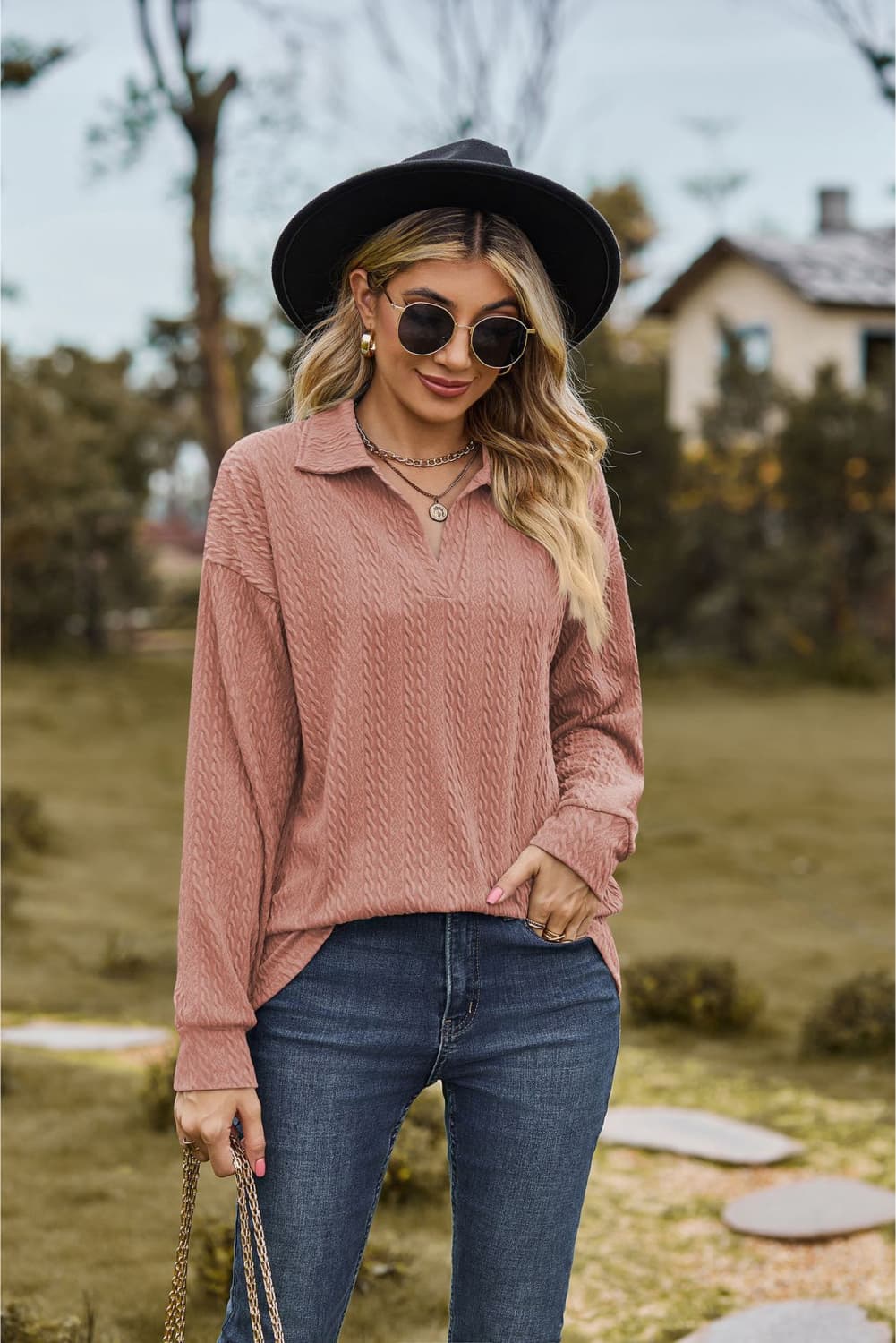 collared neck cable-knit long sleeve blouse