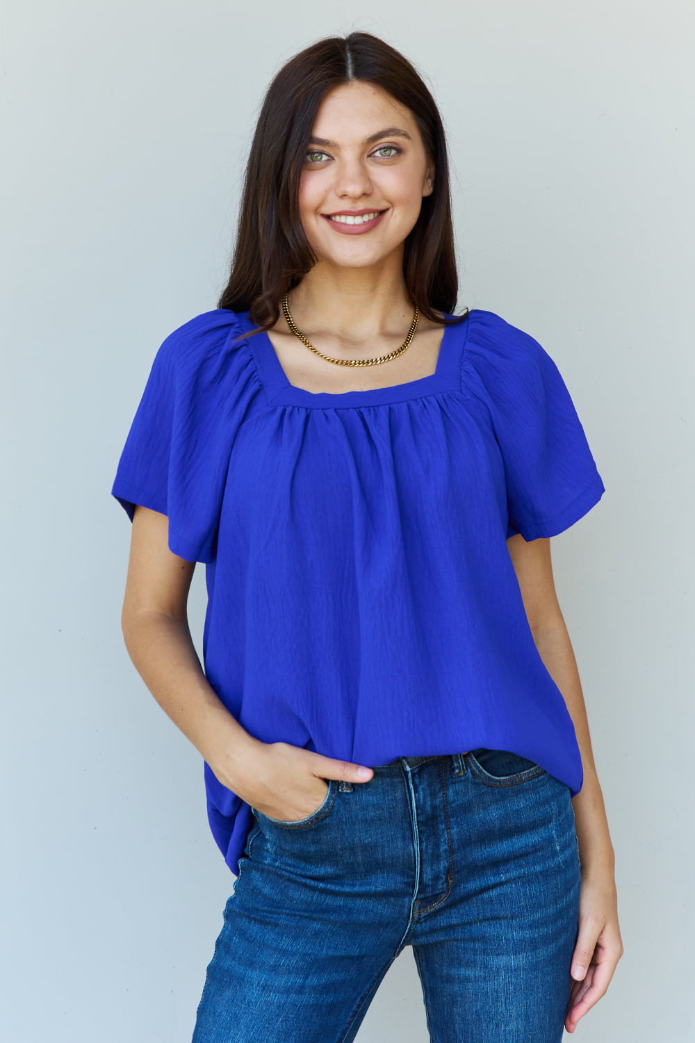 ninexis keep me close square neck short sleeve blouse in royal