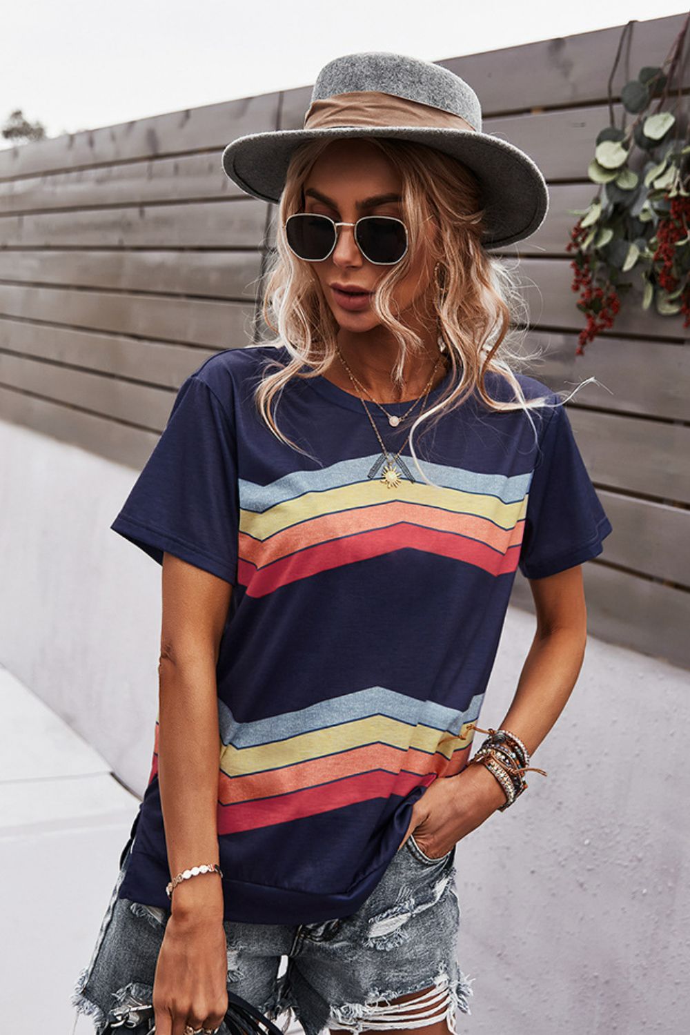 multicolored chevron stripe round neck side slit t-shirt