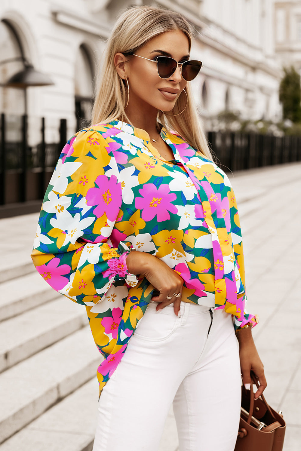 floral print notched neck lantern sleeve blouse