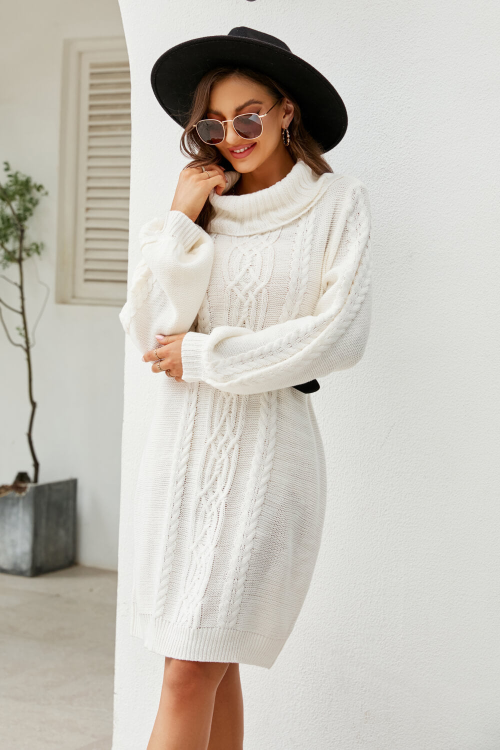 woven right mixed knit turtleneck lantern sleeve sweater dress