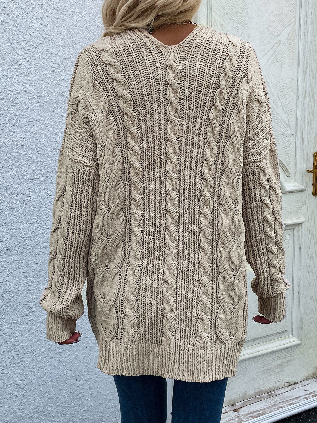 woven right cable-knit open front cardigan with front pockets