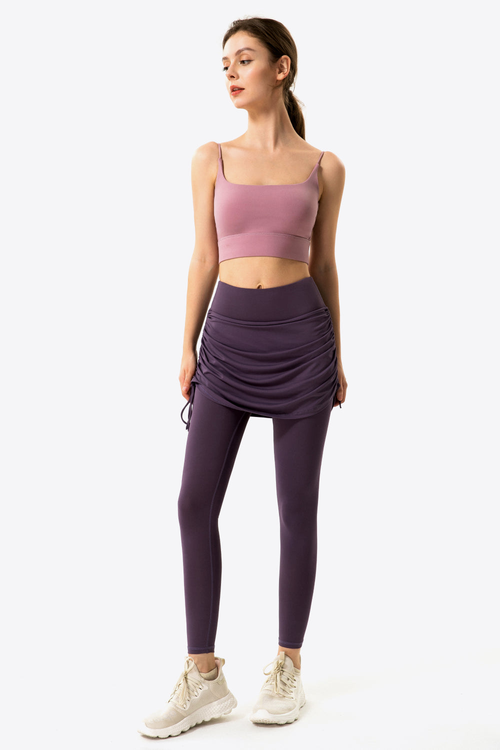 drawstring ruched faux layered yoga leggings