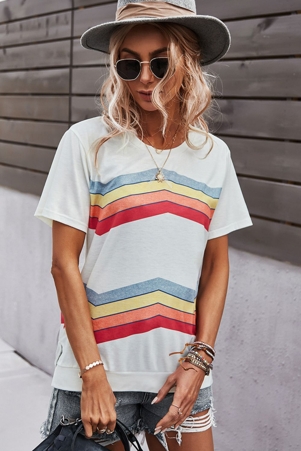 multicolored chevron stripe round neck side slit t-shirt