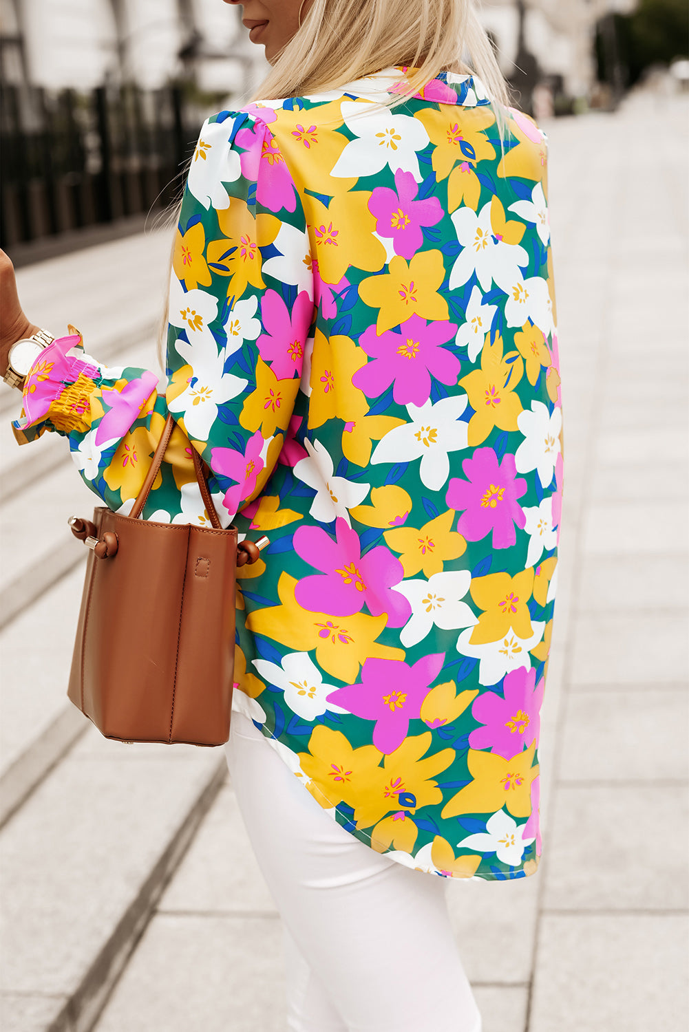 floral print notched neck lantern sleeve blouse