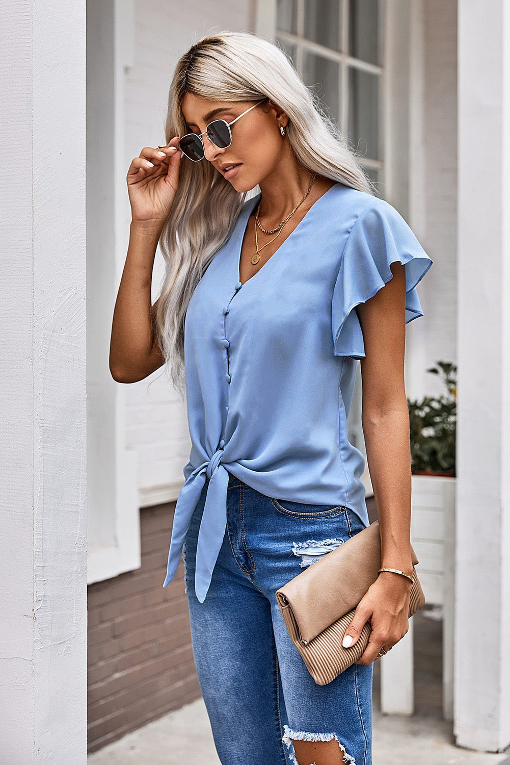 v-neck tie hem flutter sleeve blouse