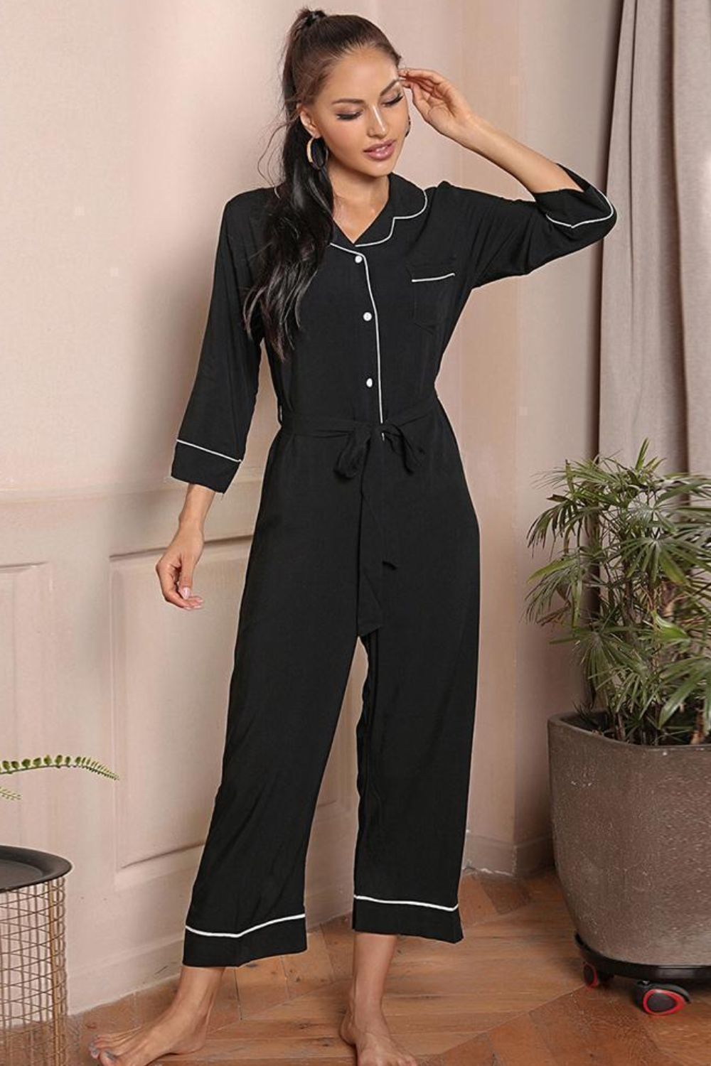 contrast belted lapel collar jumpsuit