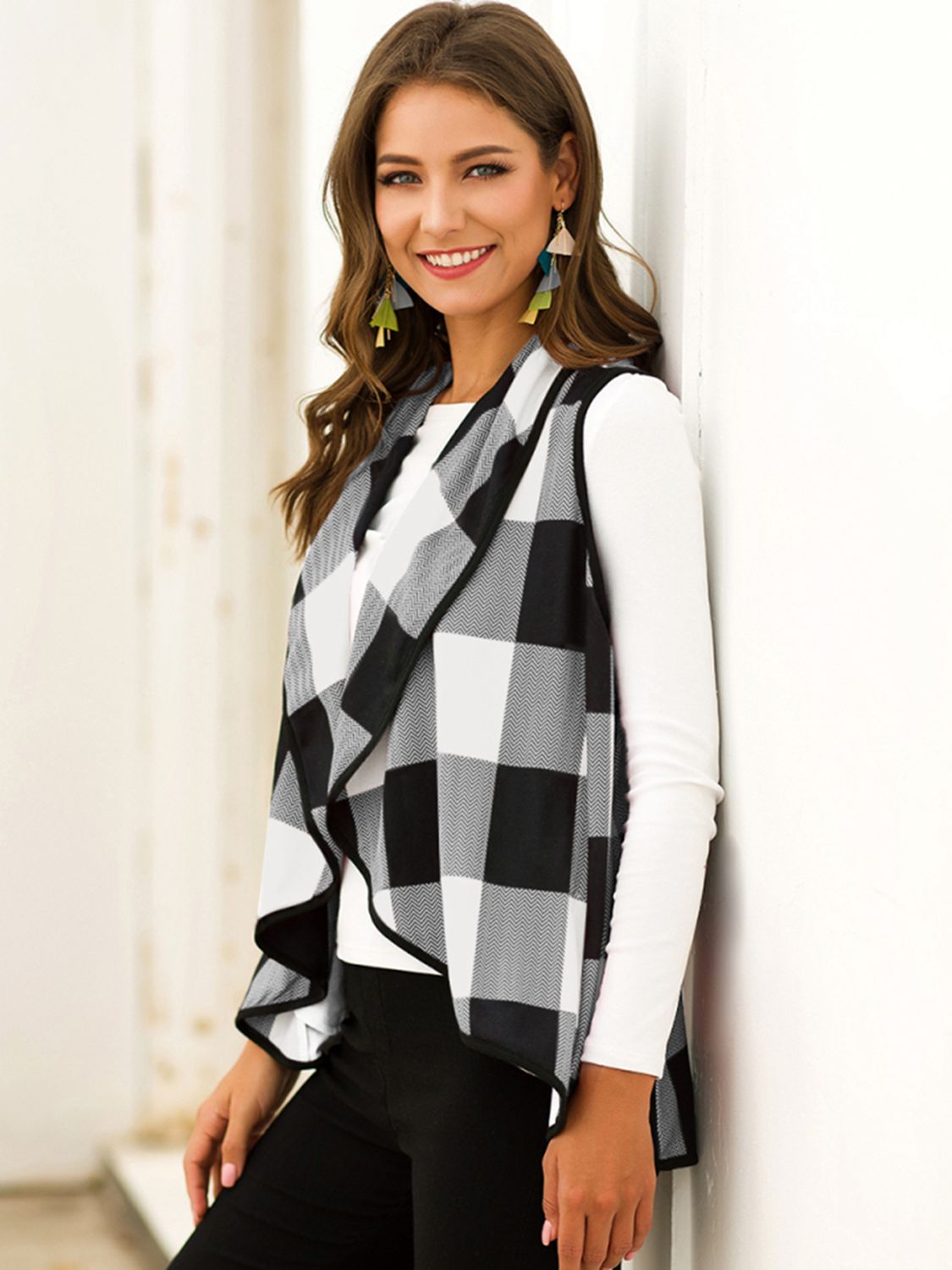 plaid open front sleeveless cardigan