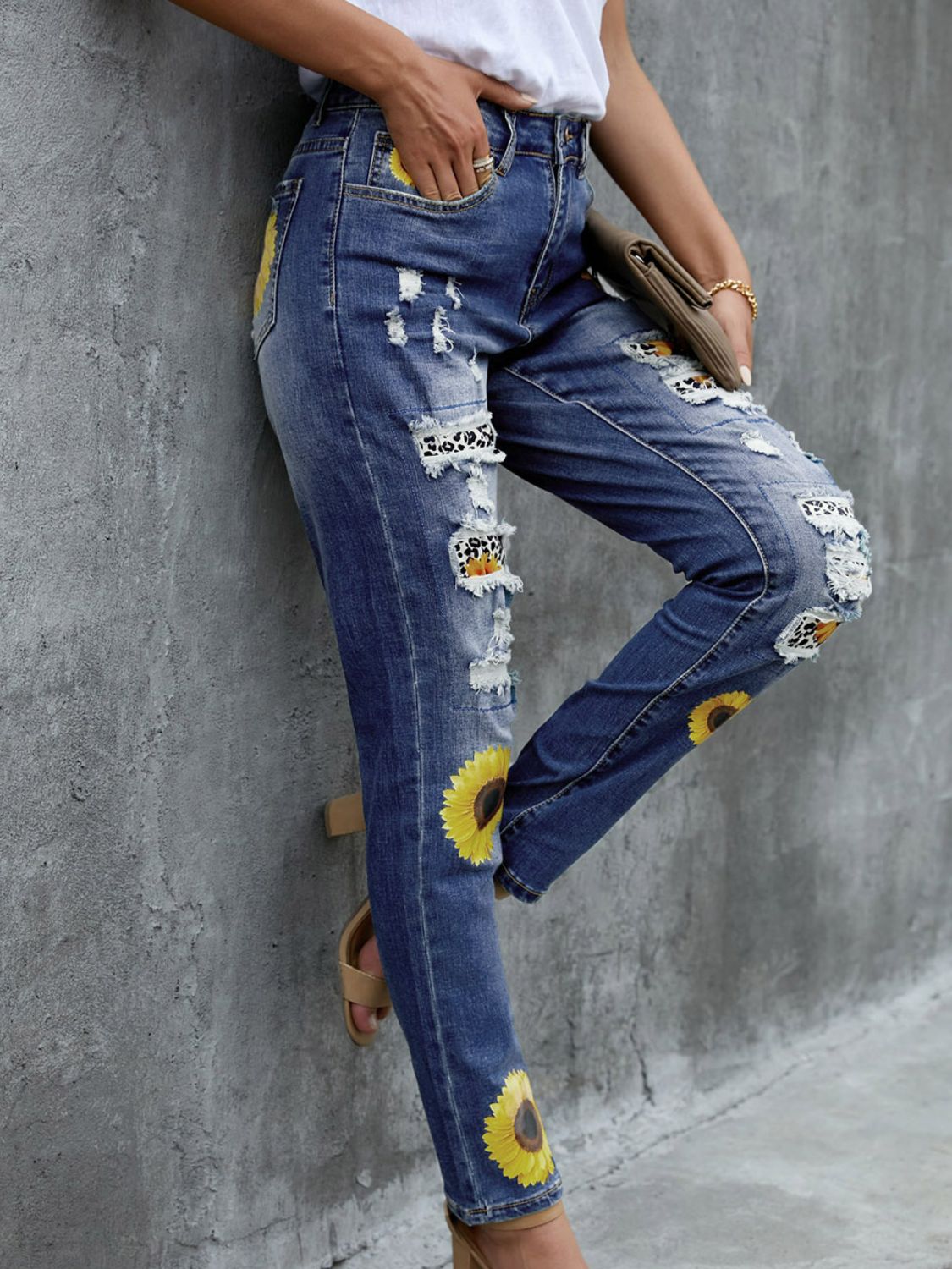 leopard patchwork sunflower print distressed high waist jeans