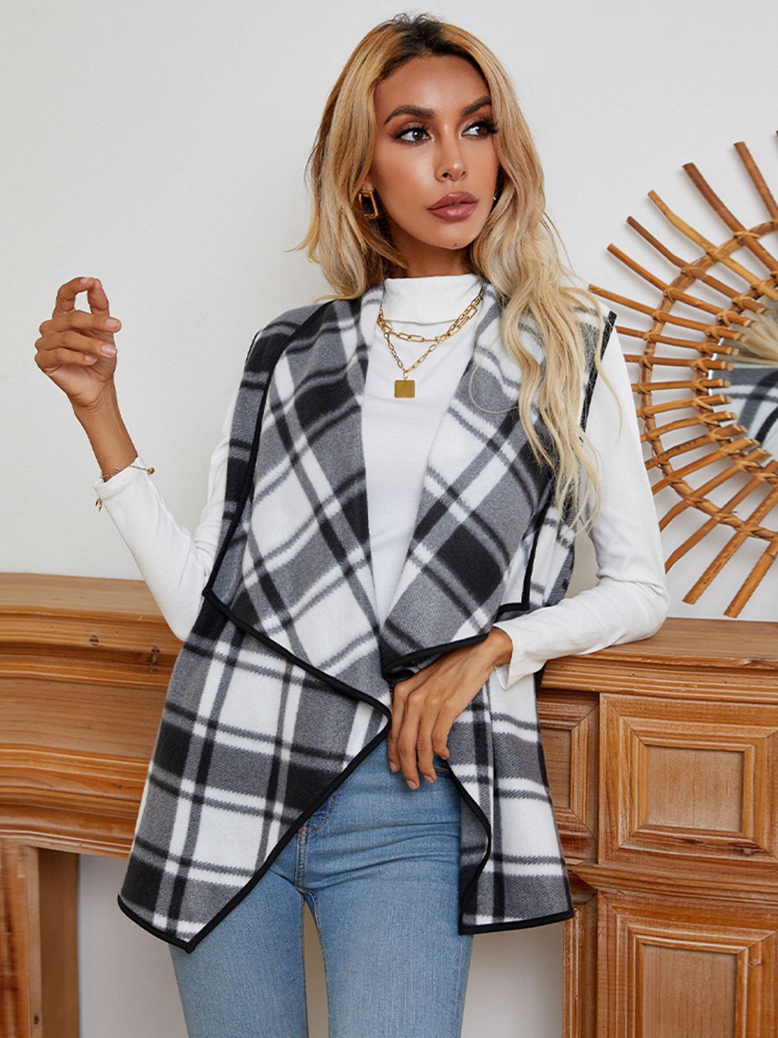 plaid open front vest