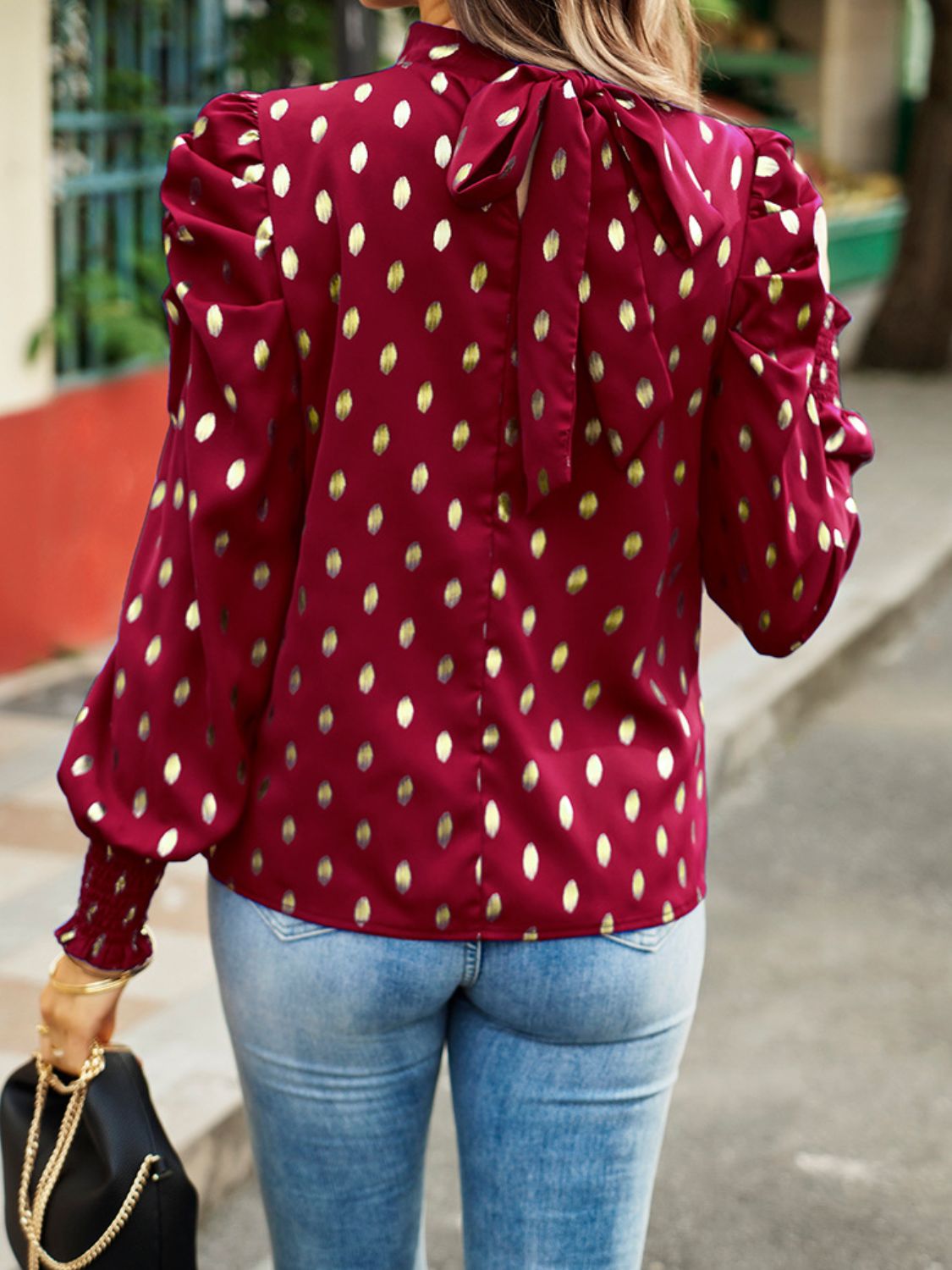 printed mock neck lantern sleeve blouse