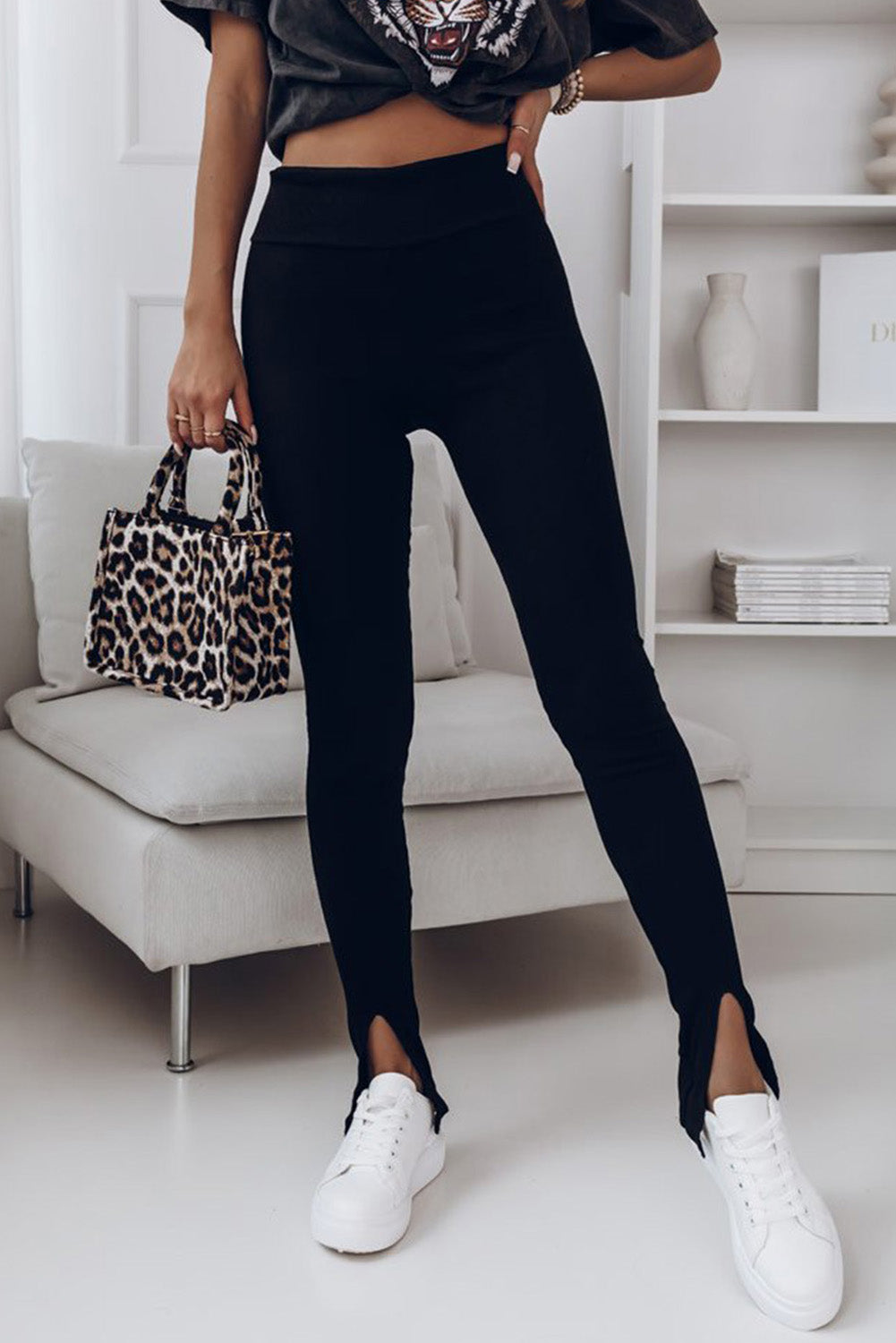 high waist ribbed slit leggings