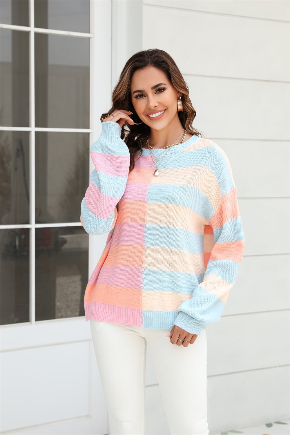 round neck long sleeve color block dropped shoulder pullover sweater
