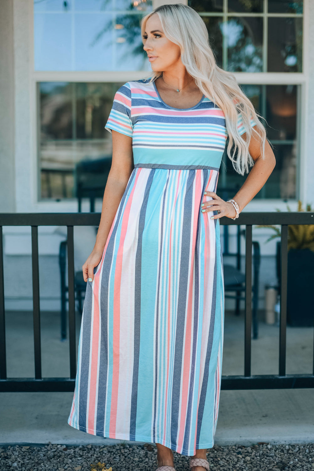 striped print high waist maxi dress