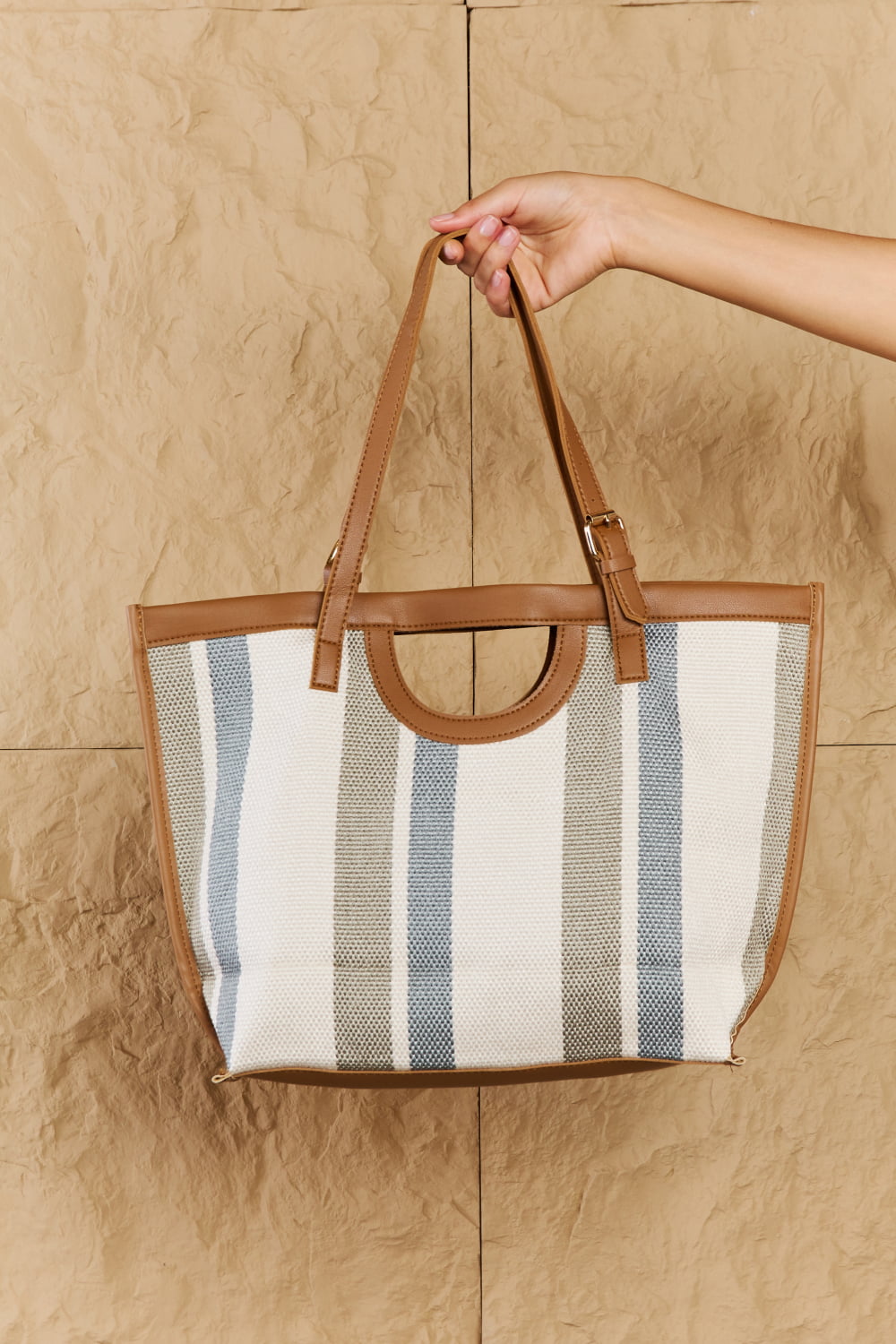 fame striped in the sun faux leather trim tote bag