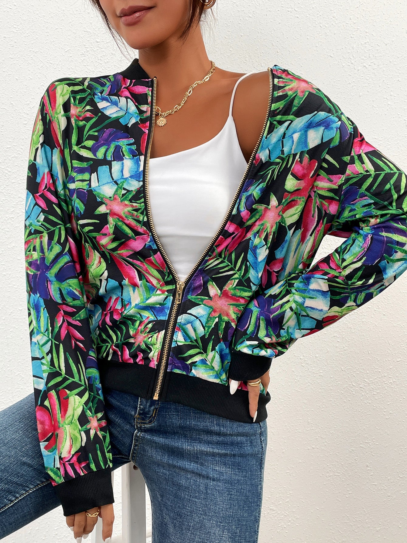 printed zipper-up long sleeve jacket