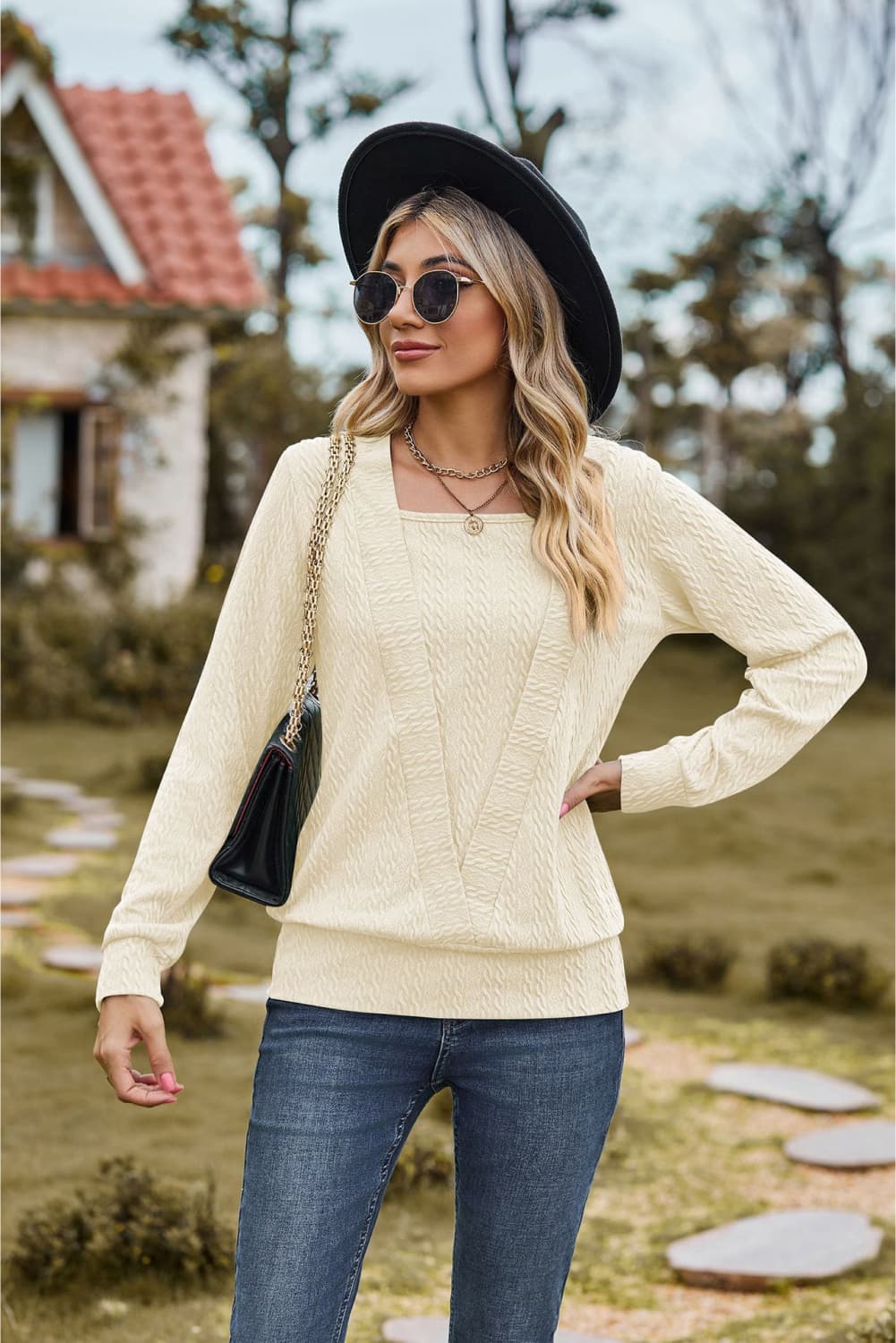 square neck long sleeve blouse