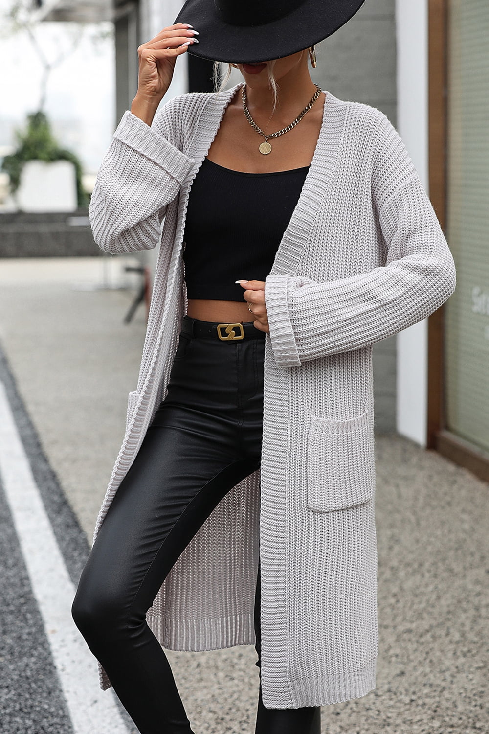 dropped shoulder long sleeve cardigan with pocket