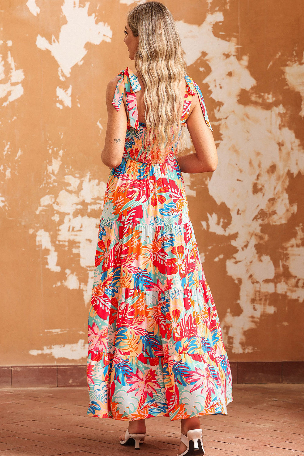 printed tie shoulder smocked tiered maxi dress