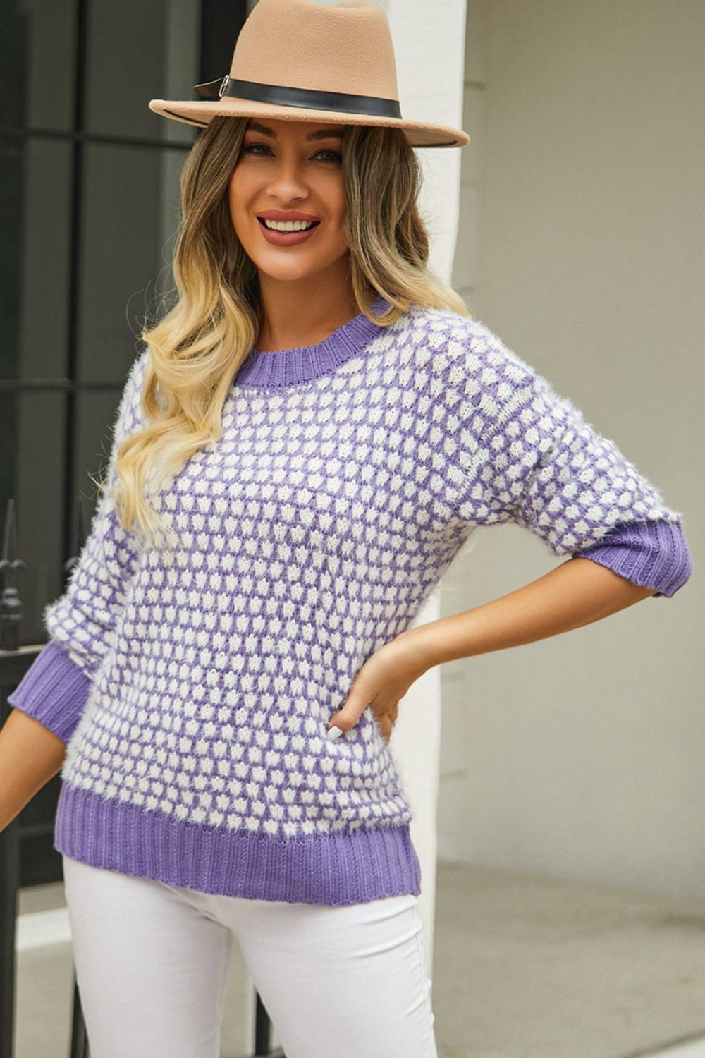 printed round neck dropped shoulder sweater