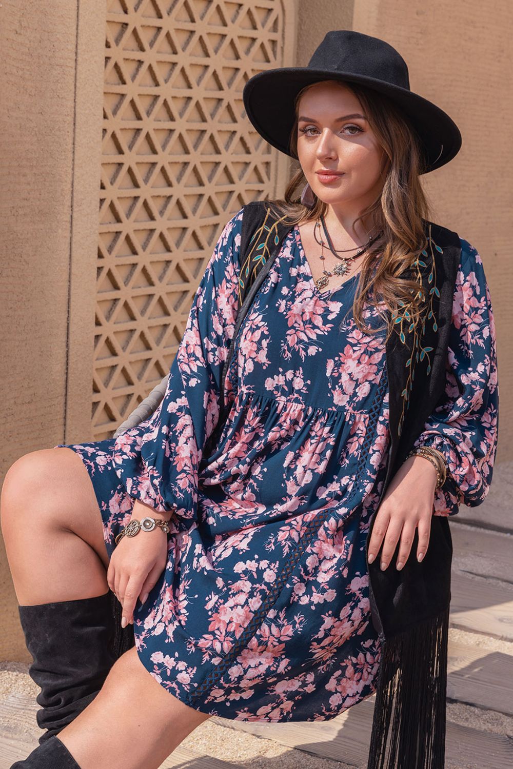 plus size printed v-neck long sleeve mini dress