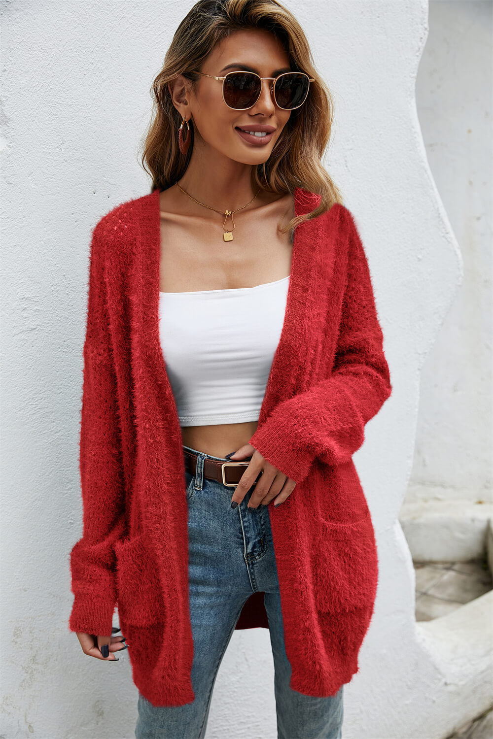 open front openwork fuzzy cardigan with pockets