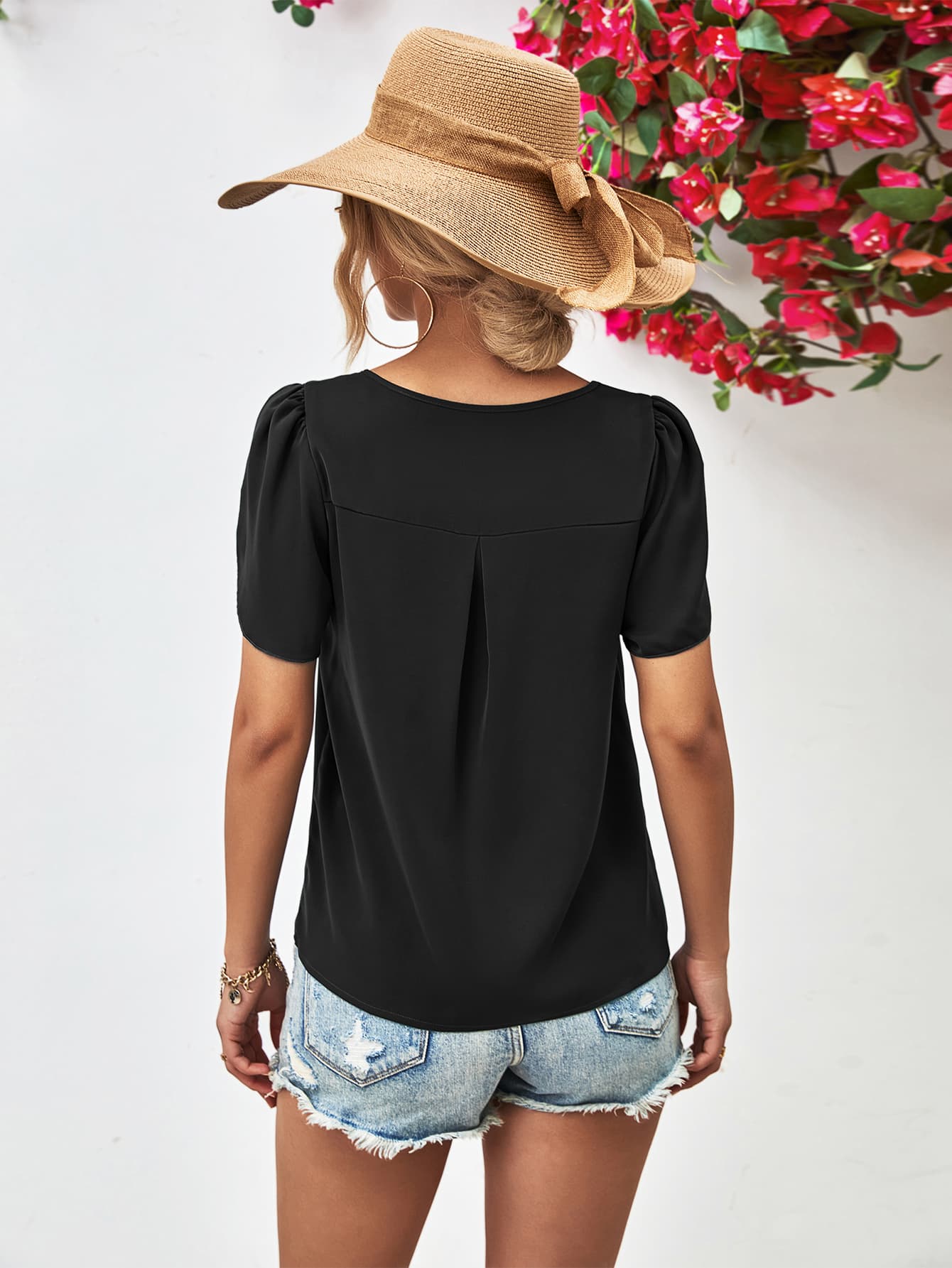 cutout round neck petal sleeve blouse