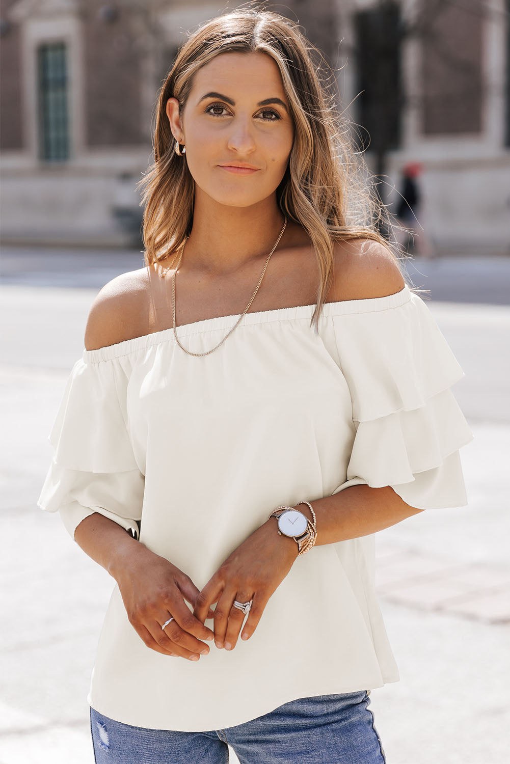 off-shoulder layered sleeve blouse