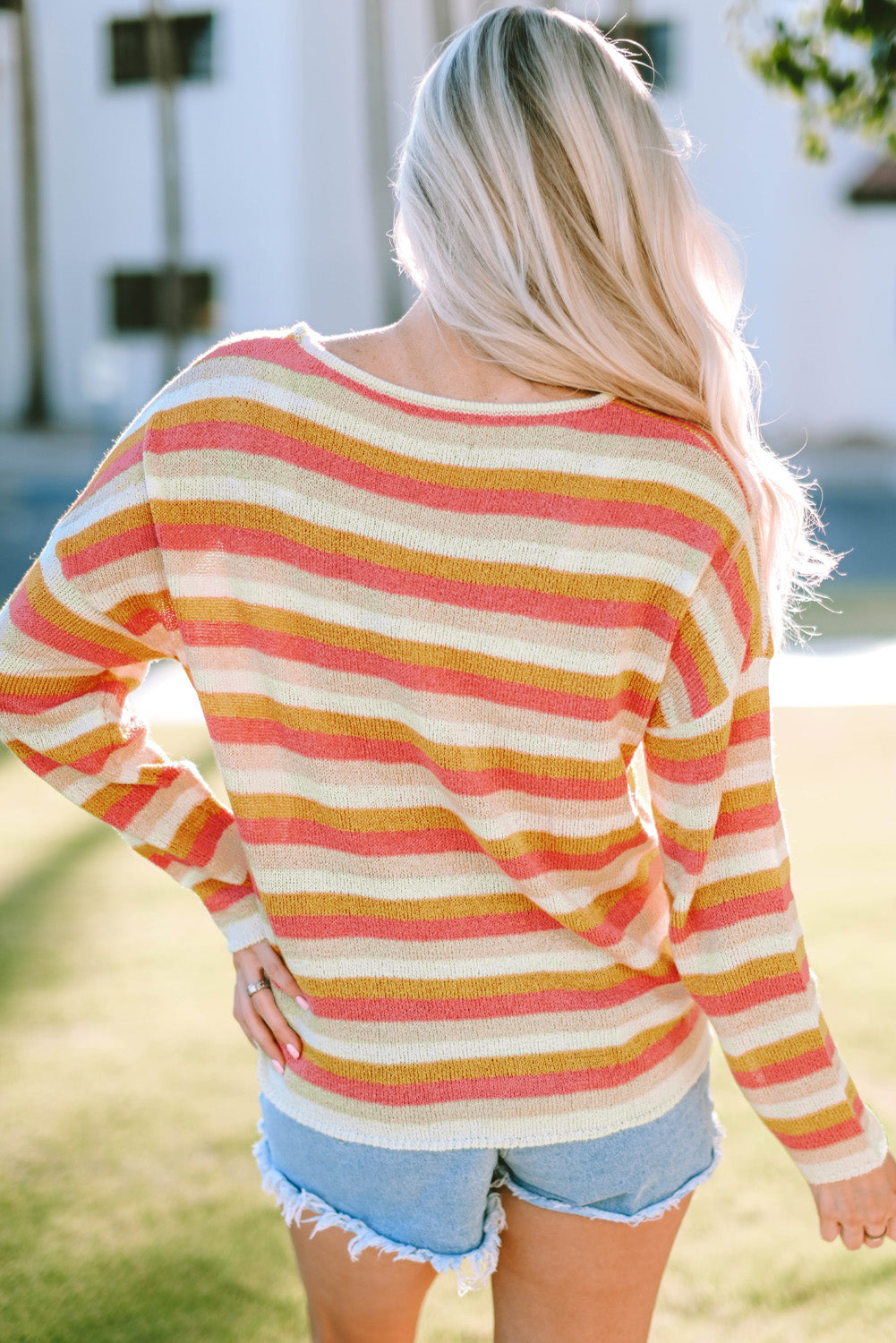 striped round neck dropped shoulder pullover sweater