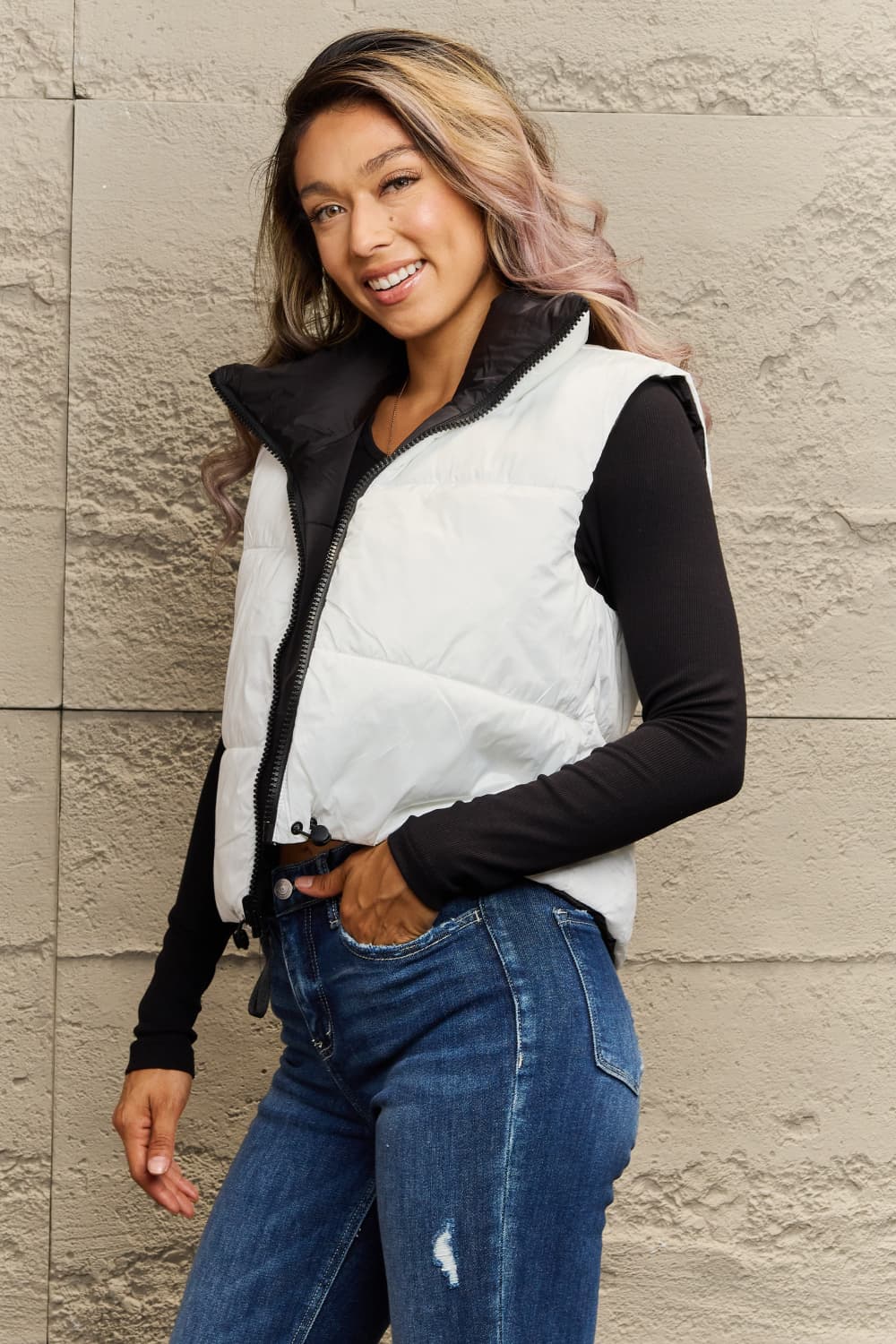 zip-up drawstring puffer vest