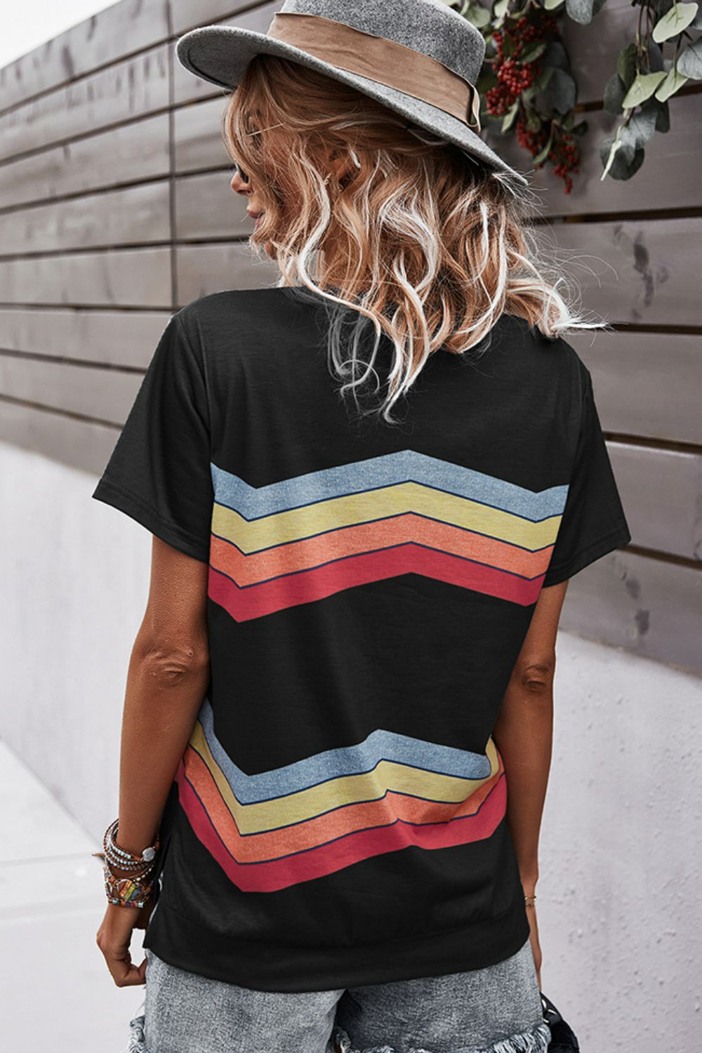 multicolored chevron stripe round neck side slit t-shirt