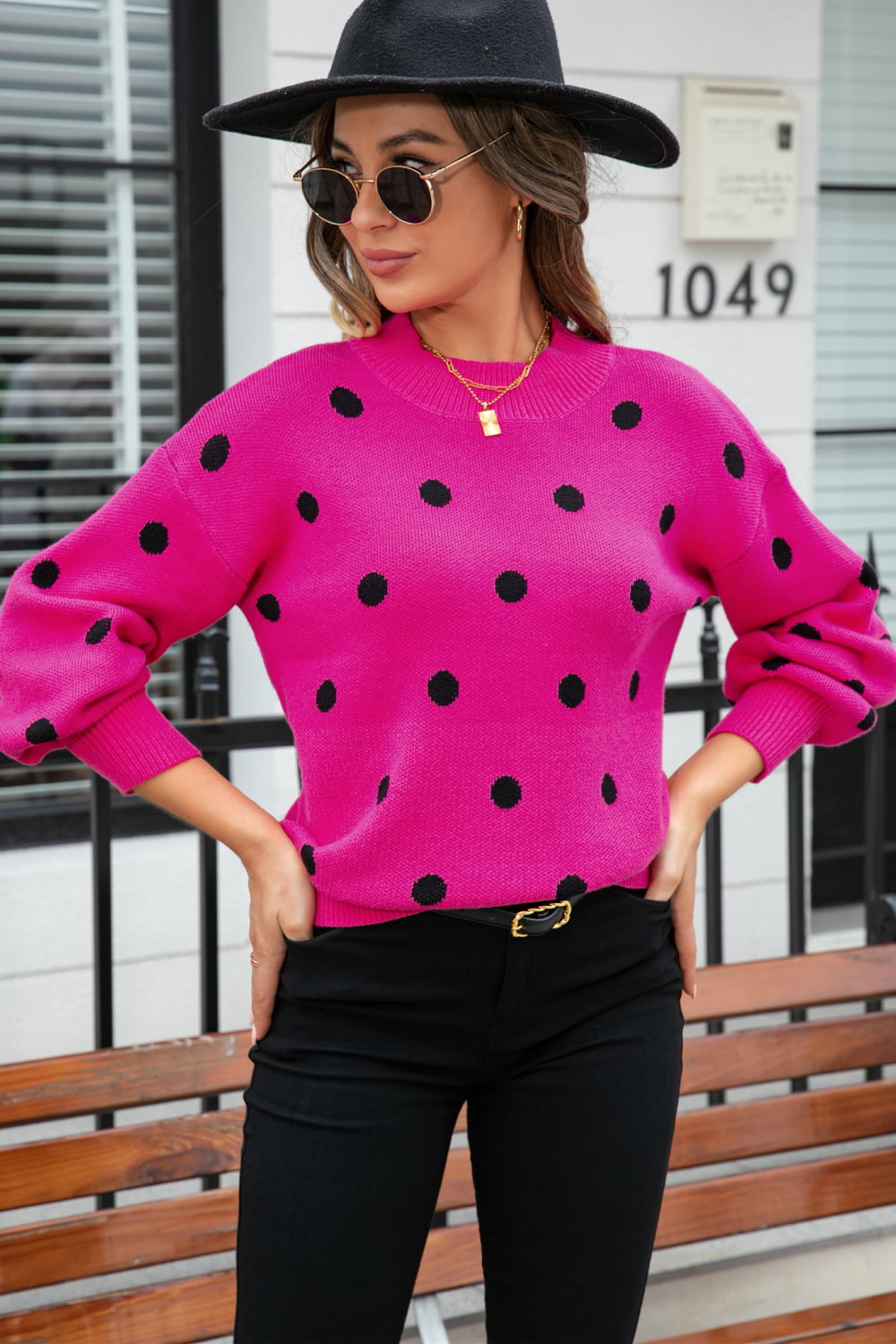 woven right polka dot round neck dropped shoulder sweater