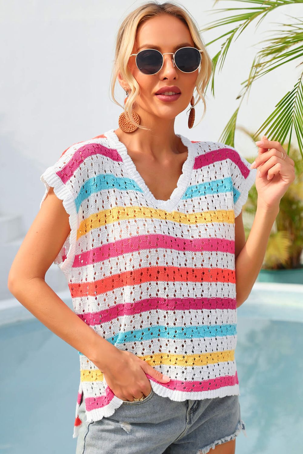 striped v-neck slit cover up
