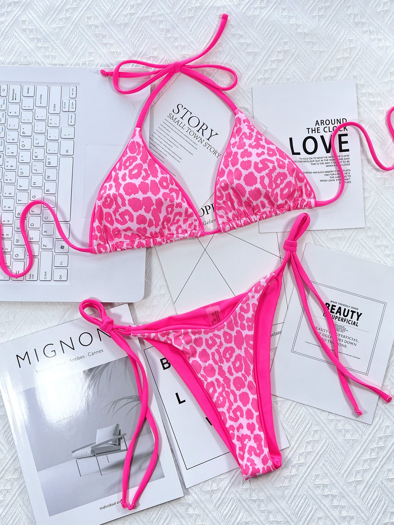 leopard print halter neck tie side bikini set