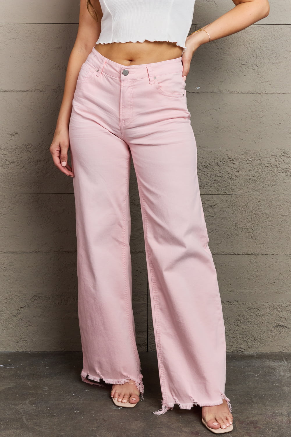 risen raelene full size high waist wide leg jeans in light pink