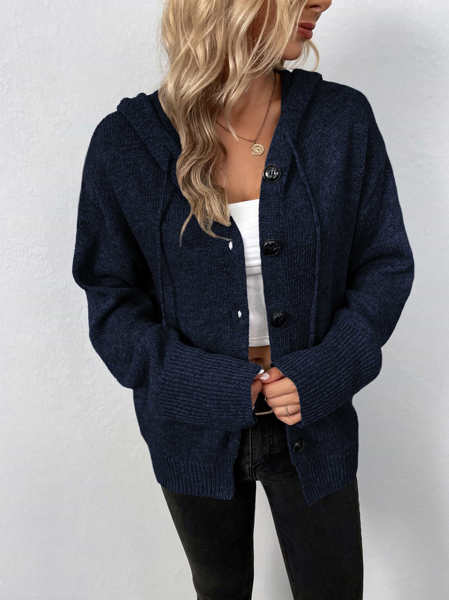 button-down long sleeve hooded sweater