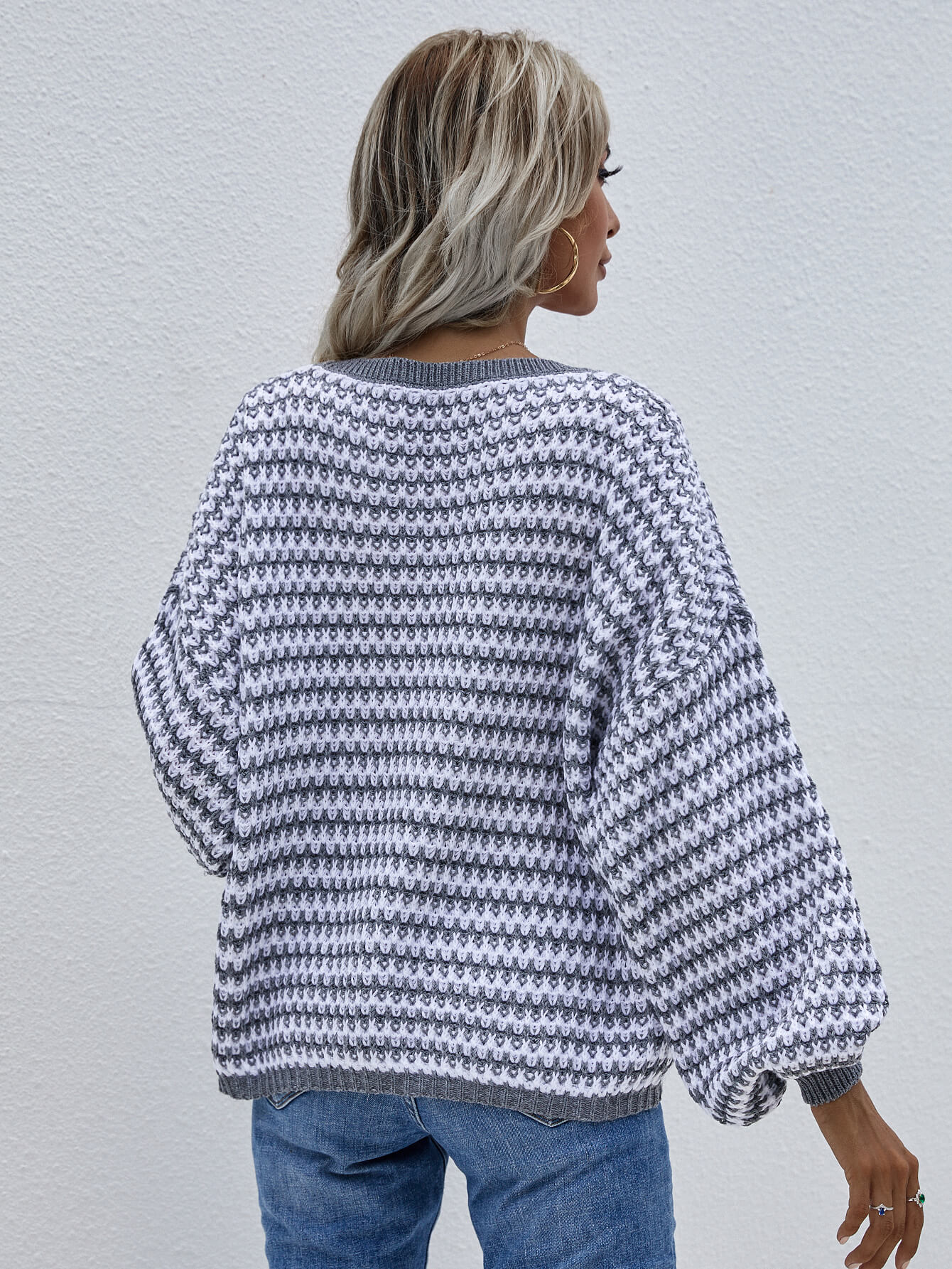 striped drop shoulder v-neck pullover sweater