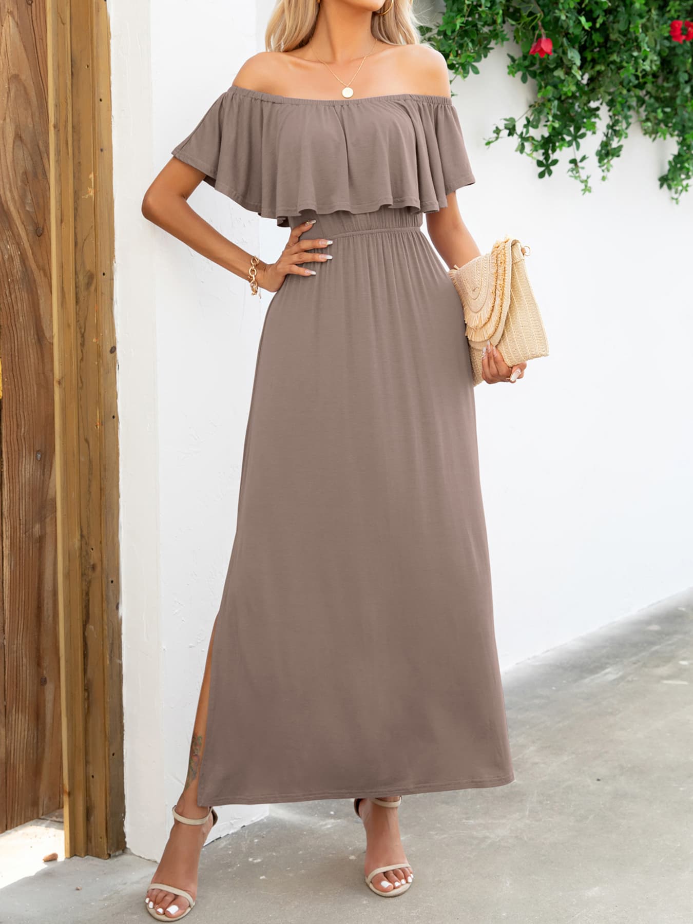 off-shoulder slit maxi dress