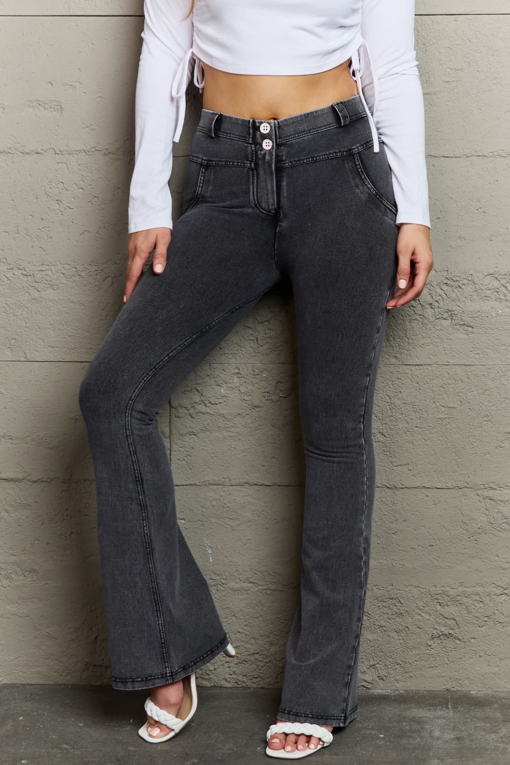 two-button flare jeans